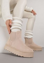 Beżowe Śniegowce na Grubej Podeszwie w Stylu Sztybletów Avrenna. Brązowe trapery i śniegowce Born2be, z jeansu. Za 89.99 zł.