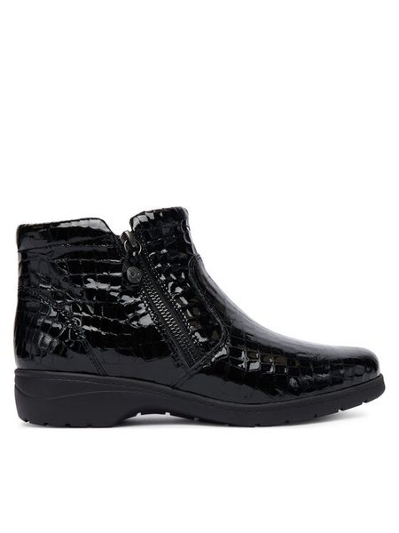 Caprice Botki 9-25460-45 Czarny. Czarne botki Caprice, bez wzorów, z lakierowanej skóry, bez obcasa, na płaskiej podeszwie, bez zapięcia. Za 195.99 zł.