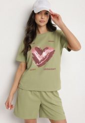 Jasnozielony T-shirt z Ozdobnym Nadrukiem Palithiela. Zielone t-shirty Born2be, l, bez wzorów, z jeansu, bez kołnierzyka, bez ramiączek. Za 29.99 zł.