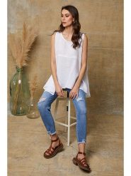 Joséfine Lniany top "Ottilie" w kolorze białym rozmiar: M. Białe topy Joséfine, m, bez wzorów, ze lnu, bez kołnierzyka, bez ramiączek. Za 130.99 zł.