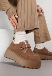 Brązowe Śniegowce na Platformie z Paskiem ze Sprzączką i Futrem Unweda. Brązowe trapery i śniegowce Renee, z jeansu. Za 129.99 zł.