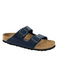 Birkenstock Skórzane klapki "Arizona" w kolorze granatowym rozmiar: 41. Niebieskie klapki Birkenstock, bez wzorów, z otwartym noskiem, bez obcasa. Za 469.45 zł.