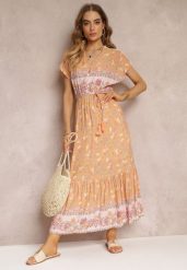 Pomarańczowo-Różowa Rozkloszowana Sukienka Maxi z Gumkami w Pasie z Bawełny Besie. Brązowe sukienki Renee, na co dzień, na lato, l, bez wzorów, z bawełny, bez kołnierzyka, bez ramiączek, maxi, rozkloszowane. Za 64.99 zł.