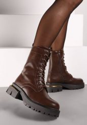 Brązowe Botki Workery na Grubej Podeszwie ze Sznurowaniem Giordana. Brązowe botki Born2be, bez wzorów, z jeansu, bez obcasa, na płaskiej podeszwie, bez zapięcia. Za 169.99 zł.