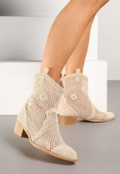 Jasnobeżowe Ażurowe Botki w Stylu Kowbojek na Stożku ze Skórzaną Wkładką Xalozi. Brązowe botki Born2be, na lato, w ażurowe wzory, bez obcasa, na obcasie, bez zapięcia. Za 149.99 zł.