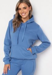 Niebieska Bluza Basic z Kapturem Kasseia. Niebieskie bluzy Born2be, l, bez wzorów, z dzianiny, z kapturem. Za 34.99 zł.
