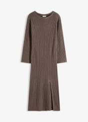 Sukienka dzianinowa z rozcięciem. Brązowe sukienki bonprix, bez wzorów, z dzianiny, bez kołnierzyka, bez ramiączek. Za 159.99 zł.