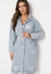 Jasnoniebieska Bawełniana Kurtka Jeansowa o Wydłużonym Fasonie z Troczkiem w Pasie i Przetarciami Elenai. Niebieskie kurtki Born2be, l, bez wzorów, z bawełny, bez kaptura. Za 119.99 zł.