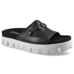 Czarne Klapki Simen Damskie Wygodne Buty. Czarne klapki Simen, bez wzorów, ze skóry, bez obcasa, na platformie. Za 169.00 zł.