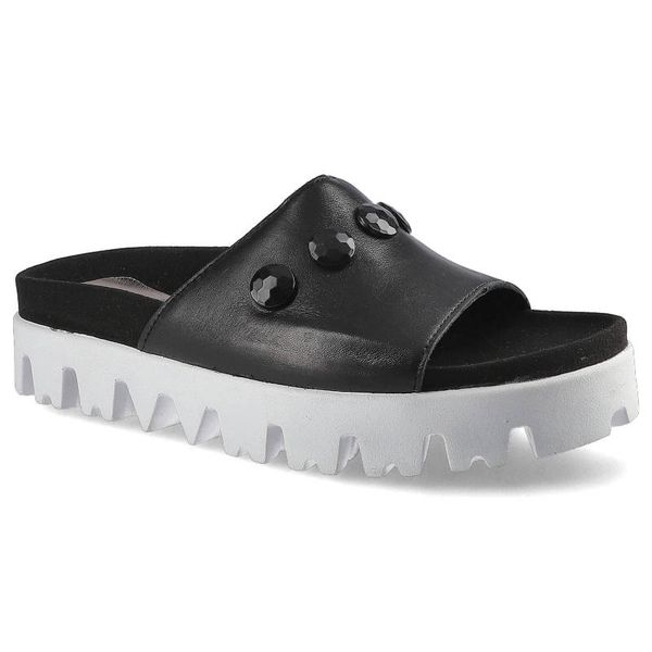 Klapki damskie Simen, ze skóry licowej z ozdobnymi kamieniami , czarne, 224A-Sandro-04. Czarne klapki Simen, bez wzorów, ze skóry, bez obcasa, na platformie. Za 169.00 zł.