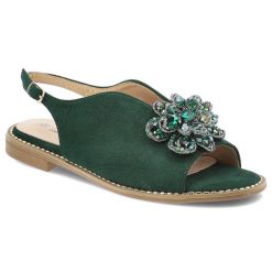Zielone Sandały S.Barski Eleganckie Obuwie Damskie. Zielone sandały S.BARSKI, z aplikacjami, z zamszu, eleganckie, bez obcasa, na płaskiej podeszwie, bez zapięcia. Za 152.99 zł.