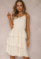 Beżowa Sukienka z Wiskozy Astothee. Brązowe sukienki Renee, l, z aplikacjami, z tkaniny, klasyczne, bez kołnierzyka, bez ramiączek, mini, rozkloszowane. Za 44.99 zł.