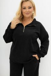 Oversizowa prążkowana czarna bluza Good Day Ahead z kołnierzem i zamkiem Plus Size Oversize. Czarne bluzy Moda Size Plus Iwanek, l, bez wzorów, z dzianiny, bez kaptura. Za 219.90 zł.