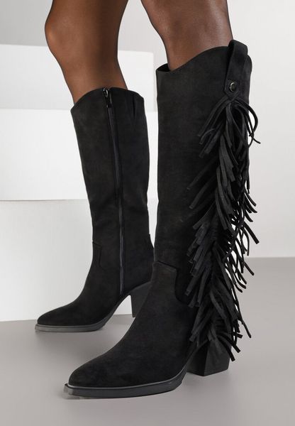 Czarne Kozaki Kowbojki na Obcasie z Cholewką Zdobioną Frędzlami Novera. Czarne kozaki Born2be, z jeansu, bez obcasa, na obcasie, bez zapięcia. Za 179.99 zł.