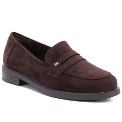 Półbuty damskie loafersy lordsy brązowe Potocki SZ12832. Brązowe lordsy POTOCKI, bez wzorów, ze skóry ekologicznej, bez obcasa, bez zapięcia. Za 129.99 zł.