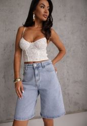 Jasnoniebieskie Jeansowe Szorty Casual Typu Jorts High Waits z Bawełny Nysalina. Niebieskie szorty Renee, bez wzorów, z bawełny, casualowe, z podwyższonym stanem. Za 99.99 zł.