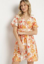 Pomarańczowa Sukienka z Kopertowym Dekoltem z Wiskozą w Kwiaty Sovedia. Brązowe sukienki Born2be, na lato, l, bez wzorów, z wiskozy, eleganckie, bez kołnierzyka, bez ramiączek, mini, kopertowe. Za 49.99 zł.