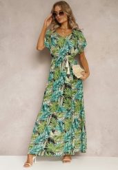 Zielono-Czarna Maxi Sukienka z Wiskozy w Kwiatowy Print ze Sznurkiem w Talii Anukka. Zielone sukienki Renee, l, bez wzorów, z wiskozy, bez kołnierzyka, bez ramiączek, maxi. Za 89.99 zł.