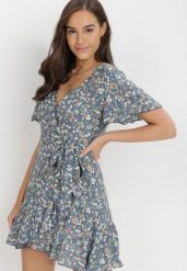 Niebieska Sukienka Kimocine. Niebieskie sukienki Born2be, m, bez wzorów, z tkaniny, bez kołnierzyka, bez ramiączek, mini, kopertowe. Za 29.99 zł.