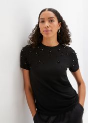 T-shirt z aplikacją z perełek. Czarne t-shirty bonprix, z aplikacjami, bez kołnierzyka, bez ramiączek. Za 84.99 zł.