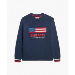Damski sweter z okrągłym dekoltem Superdry Americana. Niebieskie swetry Superdry, na zimę, bez wzorów, bez ramiączek. Za 344.30 zł.