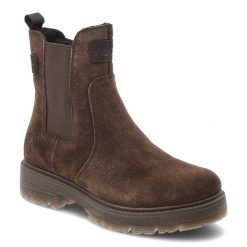 Botki damskie Rieker zapinane na suwak z elastycznymi wstawkami ocieplanym wnętrzem i masywną podeszwą brązowe, 75860-25 Brown. Brązowe botki Rieker, na zimę, bez wzorów, z jeansu, bez obcasa, bez zapięcia. Za 429.00 zł.