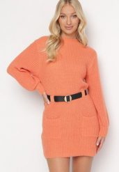 Pomarańczowa Dzianinowa Sukienka Mini w Prążki z Paskiem Milane. Brązowe sukienki Born2be, na zimę, bez wzorów, z dzianiny, bez kołnierzyka, bez ramiączek, mini. Za 89.99 zł.