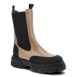 Botki damskie Chebello, ze skóry naturalnej elastyczne wstawki po bokach uchwyty ułatwiające zakładanie podeszwa z wyraźnym bieżnikiem , brązowo-czar. Czarne botki CheBello, na zimę, z aplikacjami, ze skóry, bez obcasa, bez zapięcia. Za 349.00 zł.