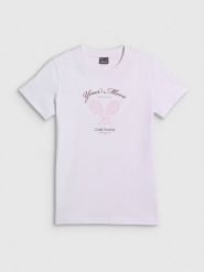 4F T-shirt regular z nadrukiem damski - biały XS. Białe t-shirty 4f, xs, bez wzorów, z bawełny, bez kołnierzyka, bez ramiączek. Za 59.99 zł.