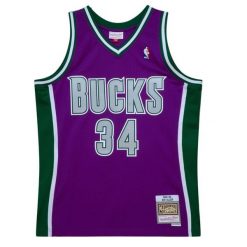 Koszulka NBA Milwaukee Bucks Ray Allen 2001/02. Fioletowe bluzki Mitchell & Ness, bez wzorów, sportowe, bez kołnierzyka, bez ramiączek. Za 513.50 zł.