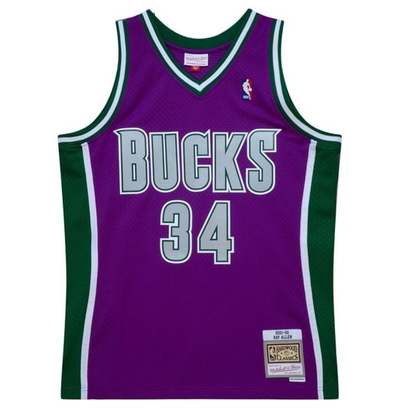 Koszulka NBA Milwaukee Bucks Ray Allen 2001/02. Fioletowe bluzki Mitchell & Ness, bez wzorów, sportowe, bez kołnierzyka, bez ramiączek. Za 513.50 zł.