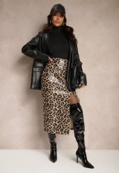 Brązowa Ołówkowa Spódnica High Waist w Panterkę z Rozcięciem Tamionwea. Brązowe spódnice Renee, na co dzień, l, bez wzorów, eleganckie, midi, koszulowe. W wyprzedaży za 127.99 zł.
