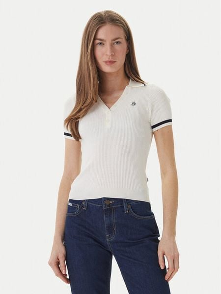 Guess Jeans Polo W6GRZ1 Z3P32 Kremowy Slim Fit. Białe koszulki polo Guess Jeans, m, z aplikacjami, z jeansu, bez kołnierzyka, bez ramiączek. Za 205.99 zł.