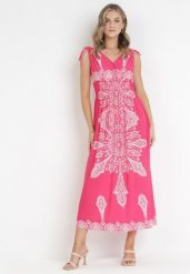 Fuksjowa Sukienka w Stylu Boho z Gumką w Talii i Sznurkami przy Ramionach Niree. Czerwone sukienki Born2be, na imprezę, l, bez wzorów, boho, bez kołnierzyka, bez ramiączek, maxi. Za 64.99 zł.