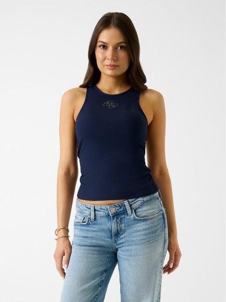 Guess Top W6RP39 KD092 Granatowy Regular Fit. Niebieskie t-shirty Guess, xl, z aplikacjami, z syntetyku, bez kołnierzyka, bez ramiączek. Za 111.99 zł.