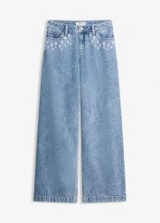 Jeansy wide leg, mid waist, z bawełny. Niebieskie jeansy bonprix, z aplikacjami. Za 124.99 zł.