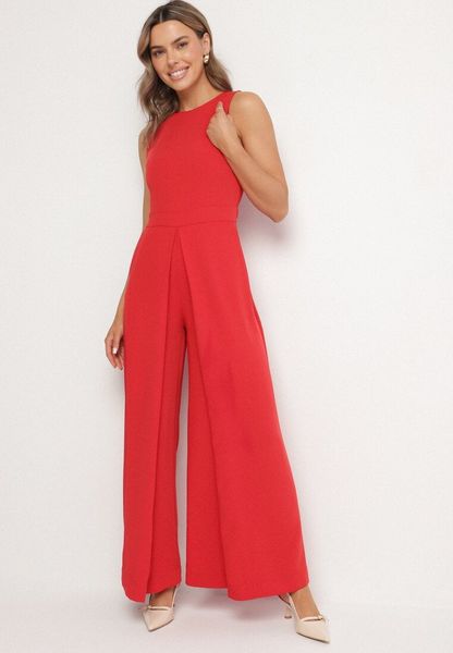 Czerwony Kombinezon Bez Rękawów z Szerokimi Nogawkami i Kieszeniami Veleldia. Czerwone sukienki Born2be, s, bez wzorów, eleganckie, bez kołnierzyka, bez ramiączek. Za 139.99 zł.