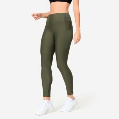 Legginsy fitness damskie Domyos. Brązowe legginsy DOMYOS, l, bez wzorów, z elastanu, z podwyższonym stanem. W wyprzedaży za 49.99 zł.