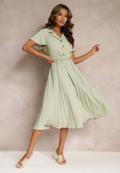Zielona Retro Sukienka Midi z Plisowaniem i Paskiem na Klamrę Elinerise. Zielone sukienki Renee, l, bez wzorów, retro, bez kołnierzyka, bez ramiączek, midi. Za 99.99 zł.