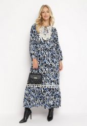 Granatowo-Niebieska Rozkloszowana Sukienka Maxi z Falbanką Tinamessa. Niebieskie sukienki Born2be, l, bez wzorów, z materiału, bez kołnierzyka, bez ramiączek, maxi, rozkloszowane. Za 129.99 zł.