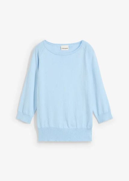 Sweter z domieszką jedwabiu. Niebieskie swetry bonprix, bez wzorów, z bawełny, bez ramiączek. Za 144.99 zł.