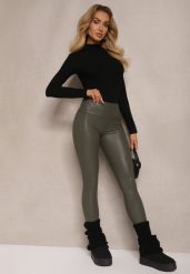 Ciemnozielone Legginsy z Imitacji Skóry High Waist z Polarem Selabra. Zielone legginsy Renee, l, bez wzorów, z jeansu, z podwyższonym stanem. Za 34.99 zł.