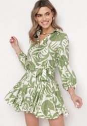Zielona Rozkloszowana Sukienka Mini z Paskiem Zdobiona Abstrakcyjnym Wzorem Frelia. Zielone sukienki Born2be, l, z aplikacjami, z materiału, bez kołnierzyka, bez ramiączek, mini, koszulowe. Za 159.99 zł.