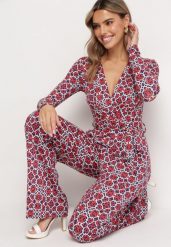 Czerwono-Biały Wzorzysty Kombinezon z Długim Rękawem i Szerokimi Spodniami z Wiązaniem w Pasie Vilati. Niebieskie sukienki Born2be, l, bez wzorów, eleganckie, bez kołnierzyka, bez ramiączek. Za 149.99 zł.