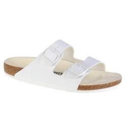 Klapki unisex Birkenstock Arizona BF. Białe klapki Birkenstock, bez wzorów, z materiału, bez obcasa. Za 398.15 zł.