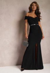 Czarna Taliowana Sukienka Maxi z Rozcięciem Perlina. Czarne sukienki Renee, l, bez wzorów, eleganckie, bez kołnierzyka, bez ramiączek, maxi, rozkloszowane. Za 149.99 zł.