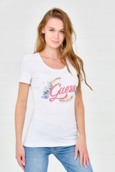 GUESS Damski biały t-shirt ze zdobionym logo, Rozmiar XS. Białe t-shirty Guess, s, z aplikacjami, bez kołnierzyka, bez ramiączek. W wyprzedaży za 179.99 zł.