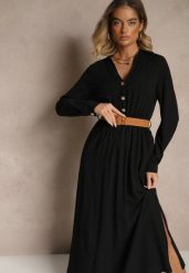Czarna Wiskozowa Sukienka o Rozkloszowanym Kroju z Paskiem i Rozcięciem Reirissa. Czarne sukienki Renee, na co dzień, l, bez wzorów, z wiskozy, eleganckie, bez kołnierzyka, bez ramiączek, maxi, rozkloszowane. Za 119.99 zł.