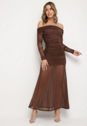 Brązowa Taliowana Sukienka Typu Hiszpanka z Transparentnymi Wstawkami Halacia. Brązowe sukienki Born2be, l, bez wzorów, eleganckie, bez kołnierzyka, bez ramiączek, maxi. Za 189.99 zł.