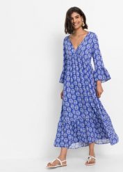 Sukienka kaftanowa. Niebieskie sukienki bonprix, bez wzorów, bez kołnierzyka, bez ramiączek. Za 179.99 zł.